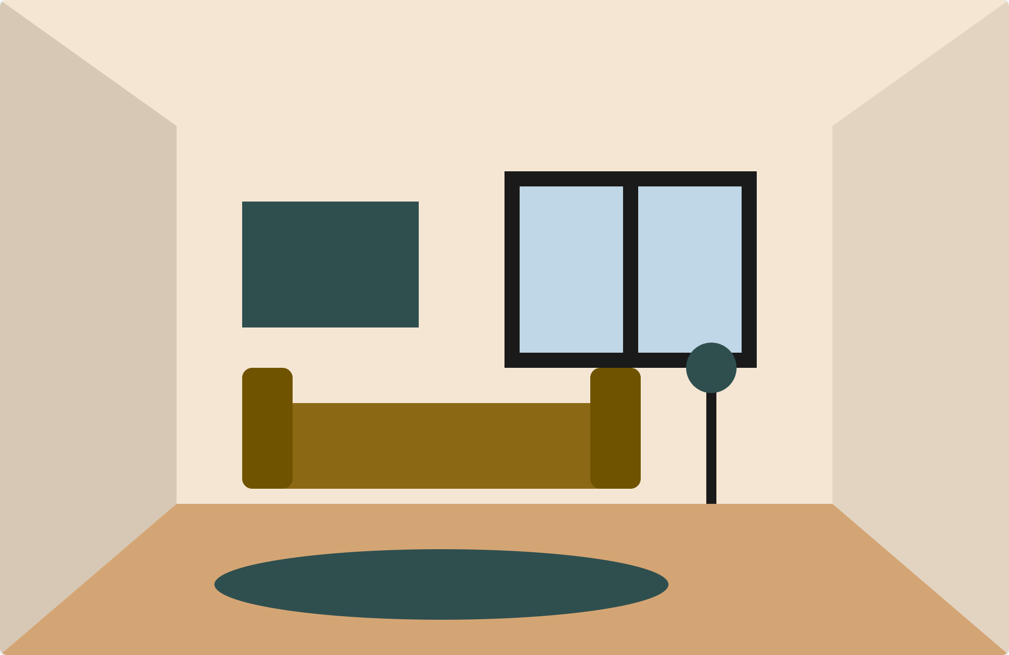 Mid-century modern color palette Mid-Century Teak in a living room preview: cream walls, a teak sofa, deep slate green accents and black details