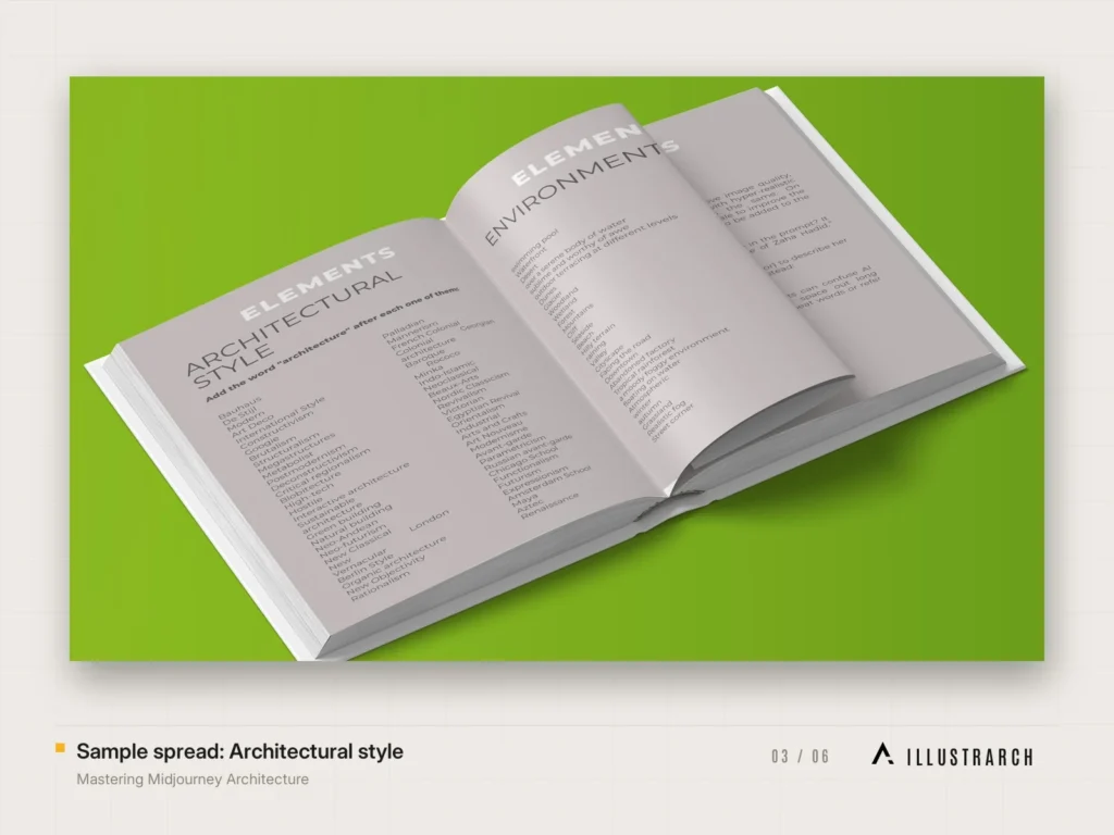 Mastering Midjourney Architecture The Ultimate AI Prompt Handbook: sample spread architectural style