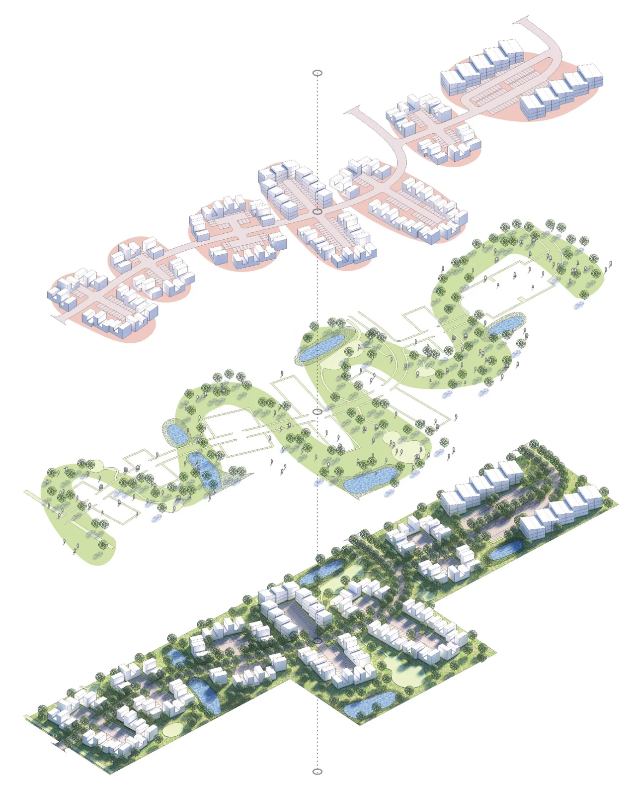 Diagrammatic colored axonometric of modular housing blocks along a winding green corridor, for a mixed use district