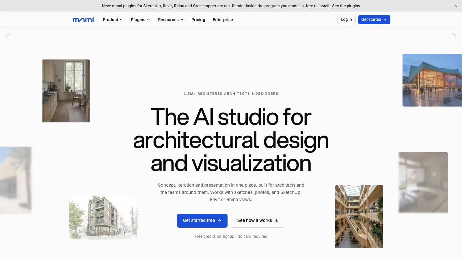 mnml homepage headline The AI studio for architectural design and visualization beside sample interior and facade renders