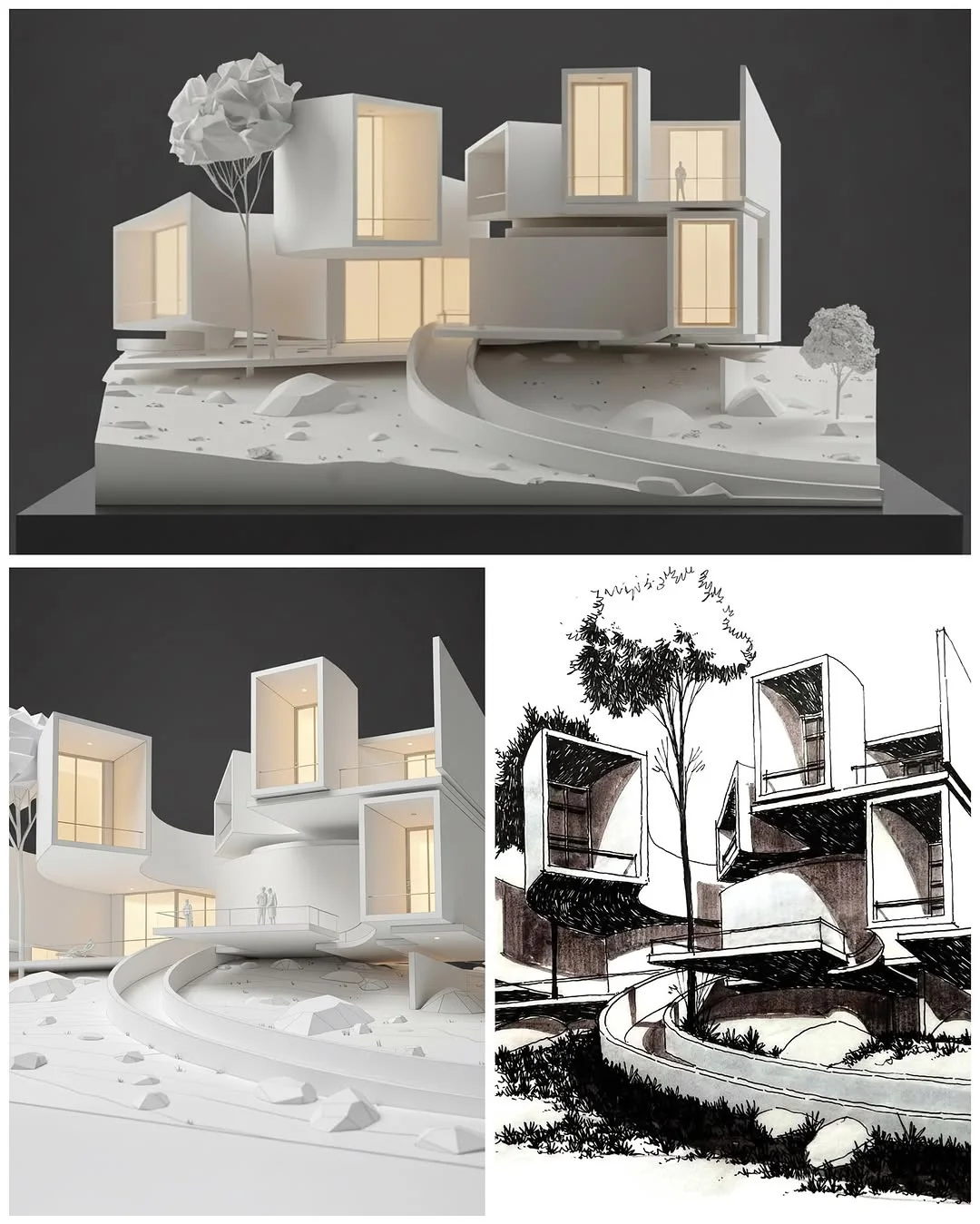 Physical models of clustered angular house volumes shown next to a matching ink perspective drawing