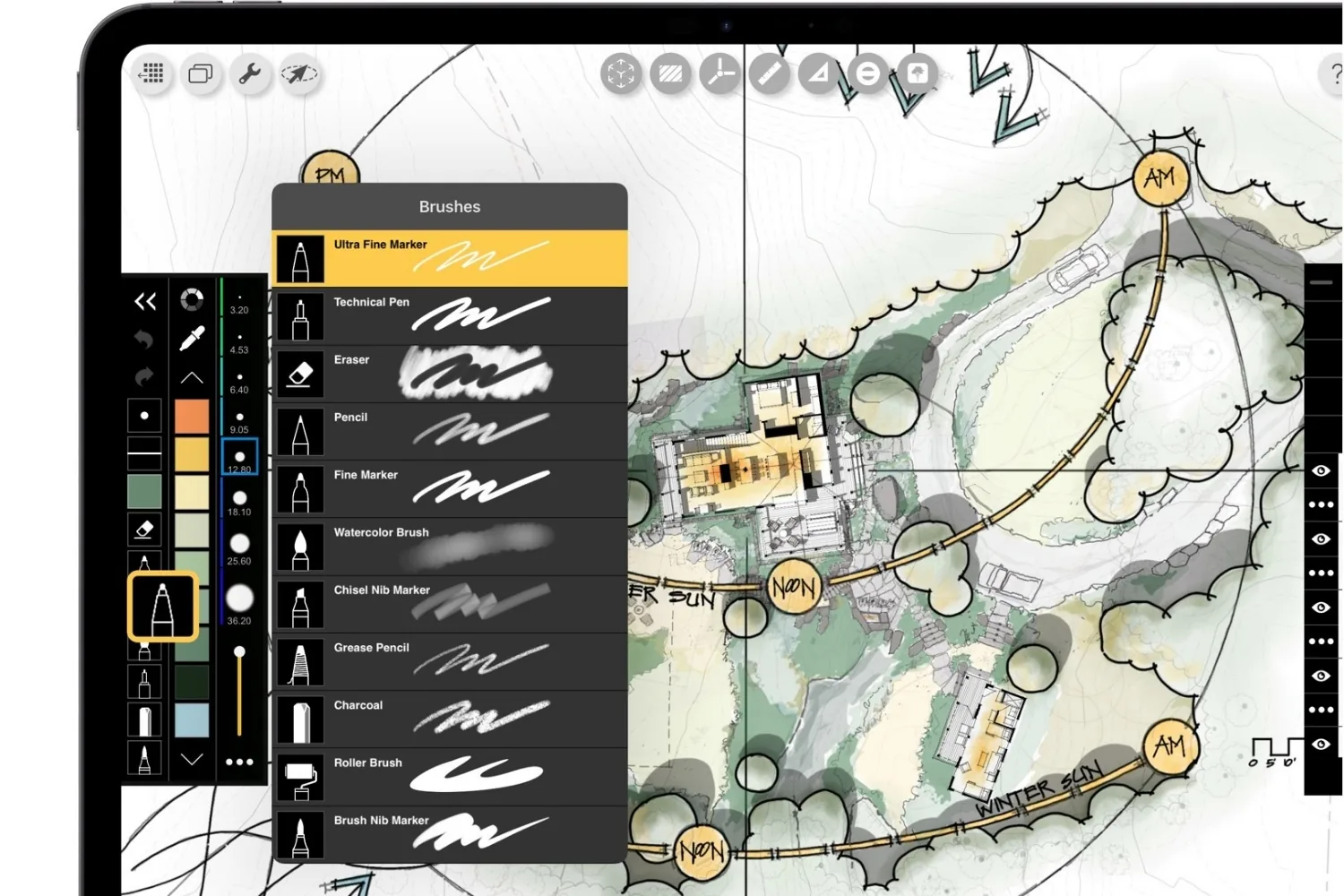 Morpholio Trace brush menu open over a colored landscape site plan with sun path markers