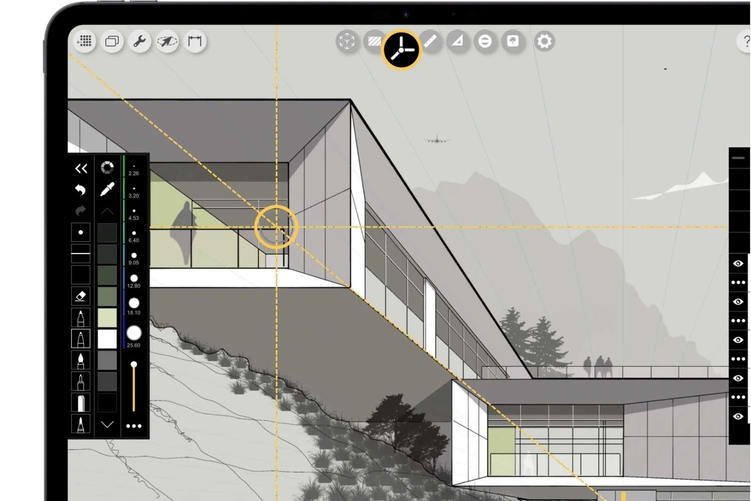 Morpholio Trace perspective guides over a sketch of a cantilevered hillside house