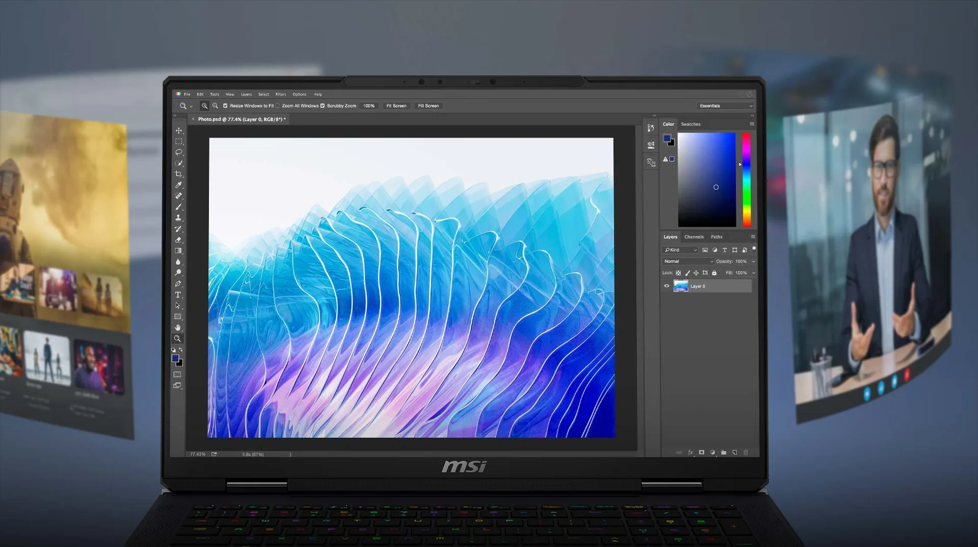MSI Titan 18 HX AI open on Photoshop with a blue wave artwork on its 18 inch screen