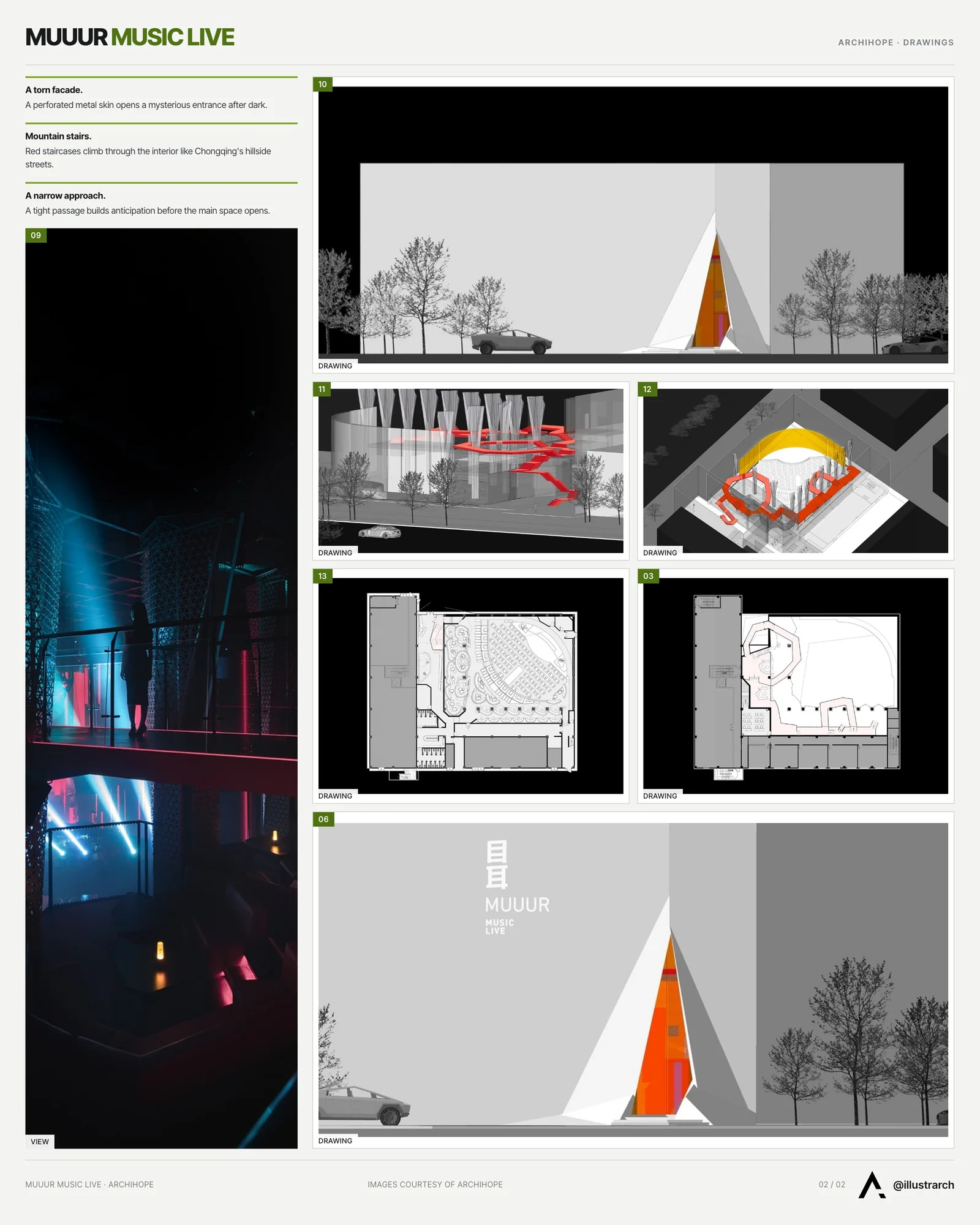 Second presentation board sheet for Chongqing Muer MUUUR Music Live, laying out the project drawings and images on one page