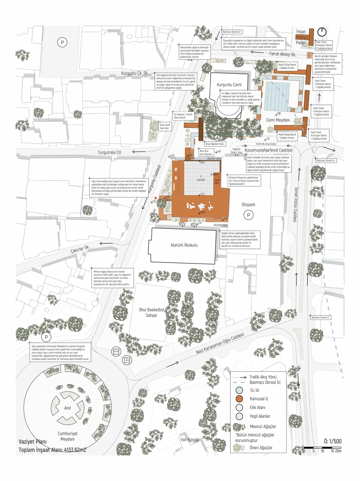 Detailed courtyard landscape plan with dense tree planting, pathways and an orange building footprint