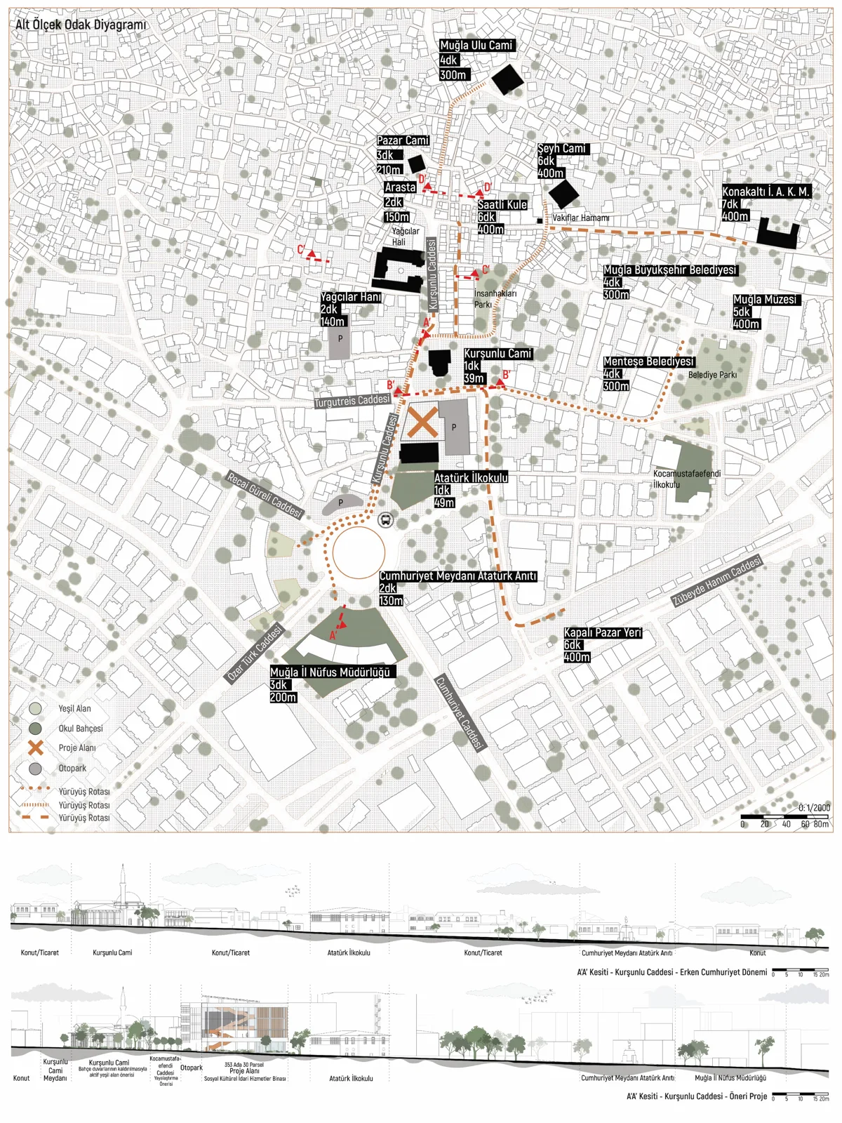 Urban context map of a competition site with building footprints, dashed paths and surrounding blocks