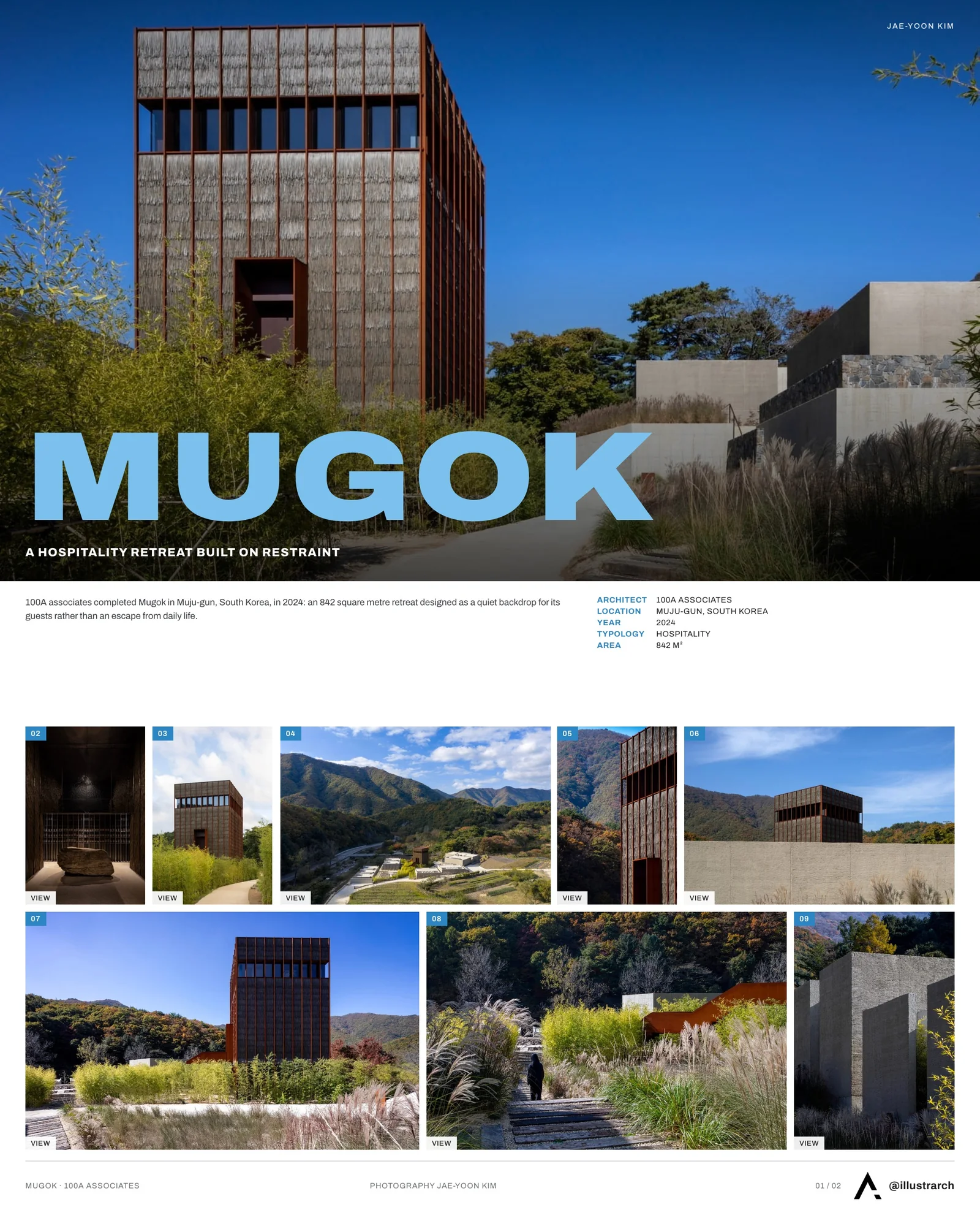 Presentation board cover for Mugok by 100A associates, with the lead image, project summary and a grid of photographs and drawings