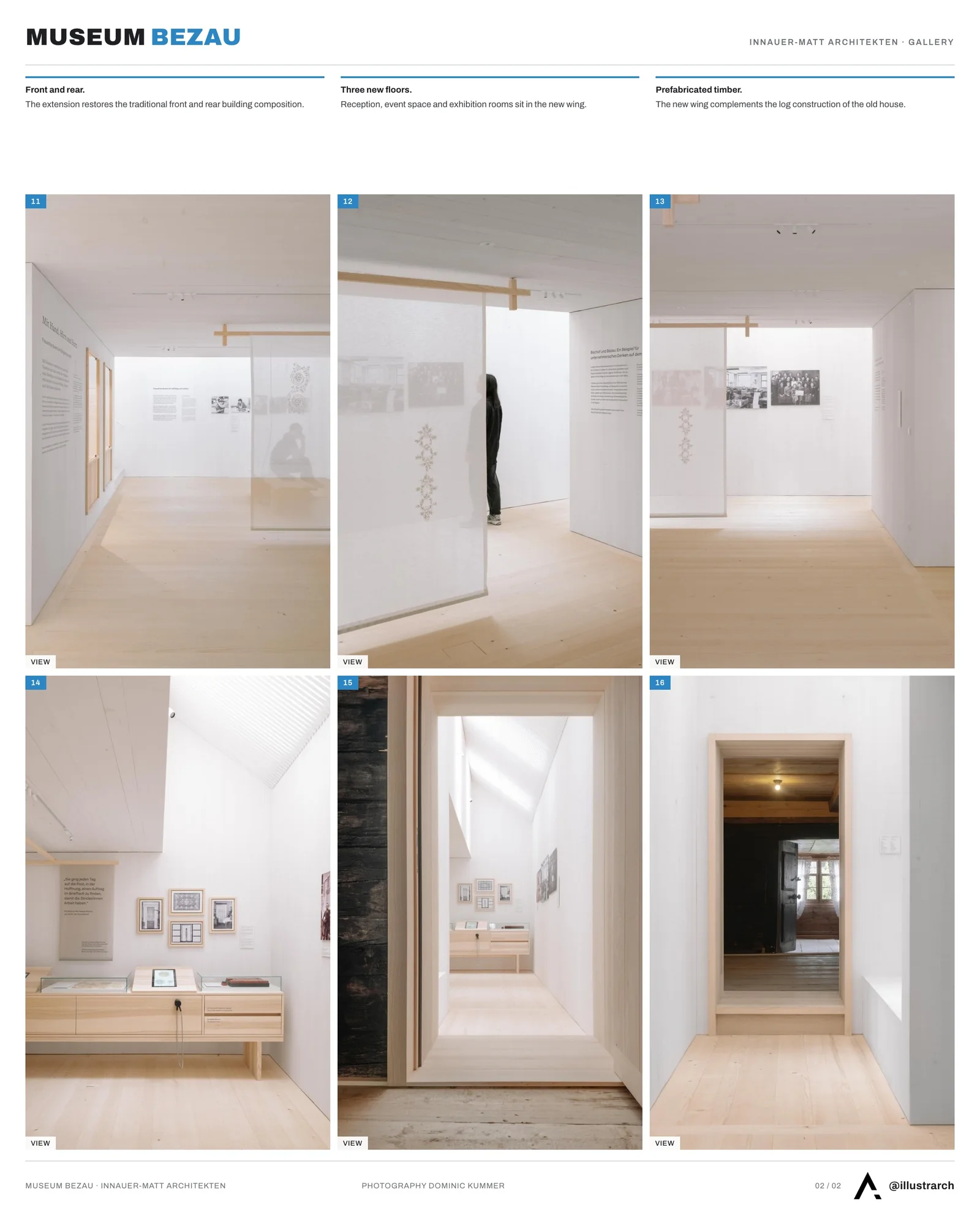 Second presentation board sheet for Museum Bezau by Innauer-Matt Architekten, laying out the project drawings and images on one page