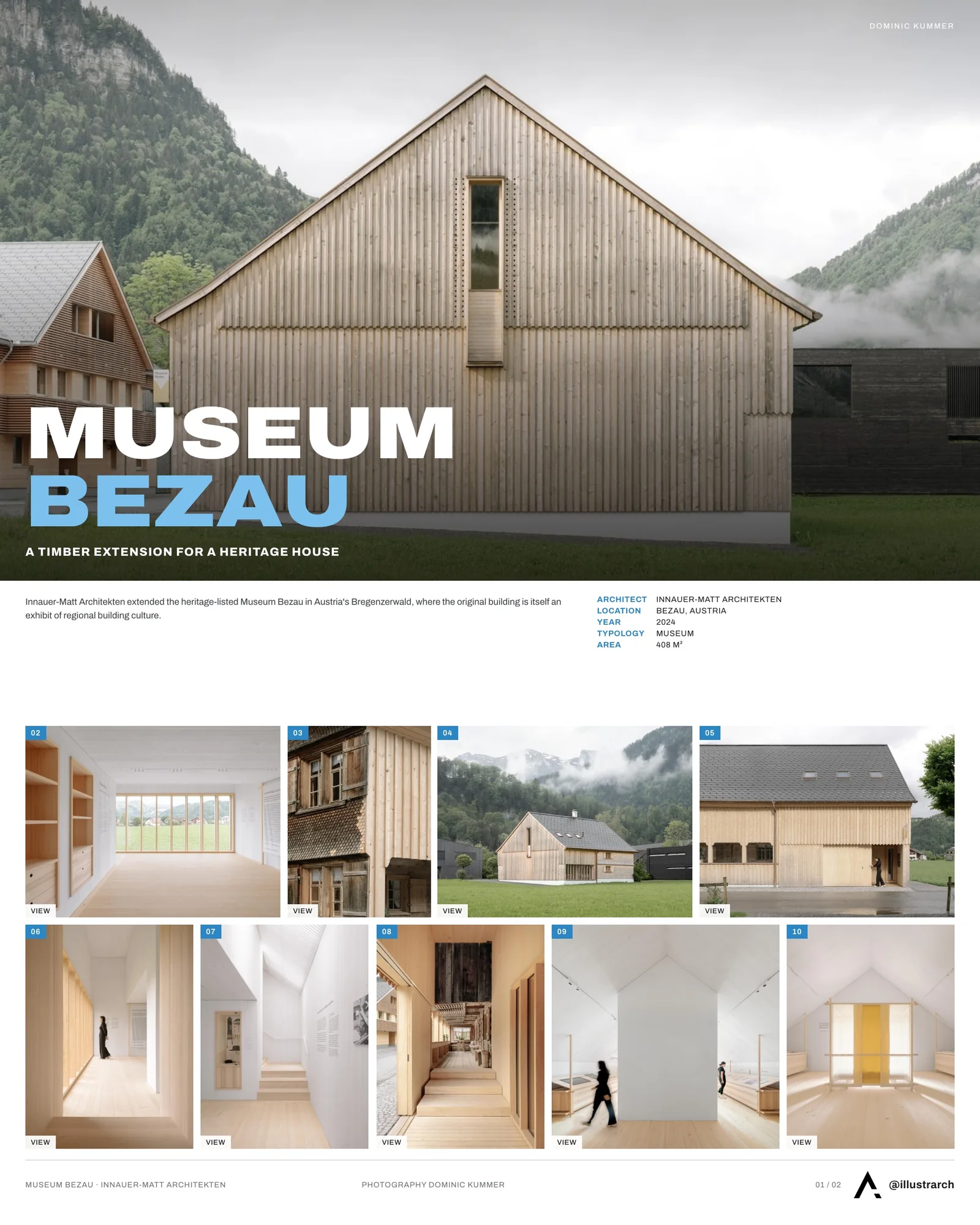 Presentation board cover for Museum Bezau by Innauer-Matt Architekten, with the lead image, project summary and a grid of photographs and drawings
