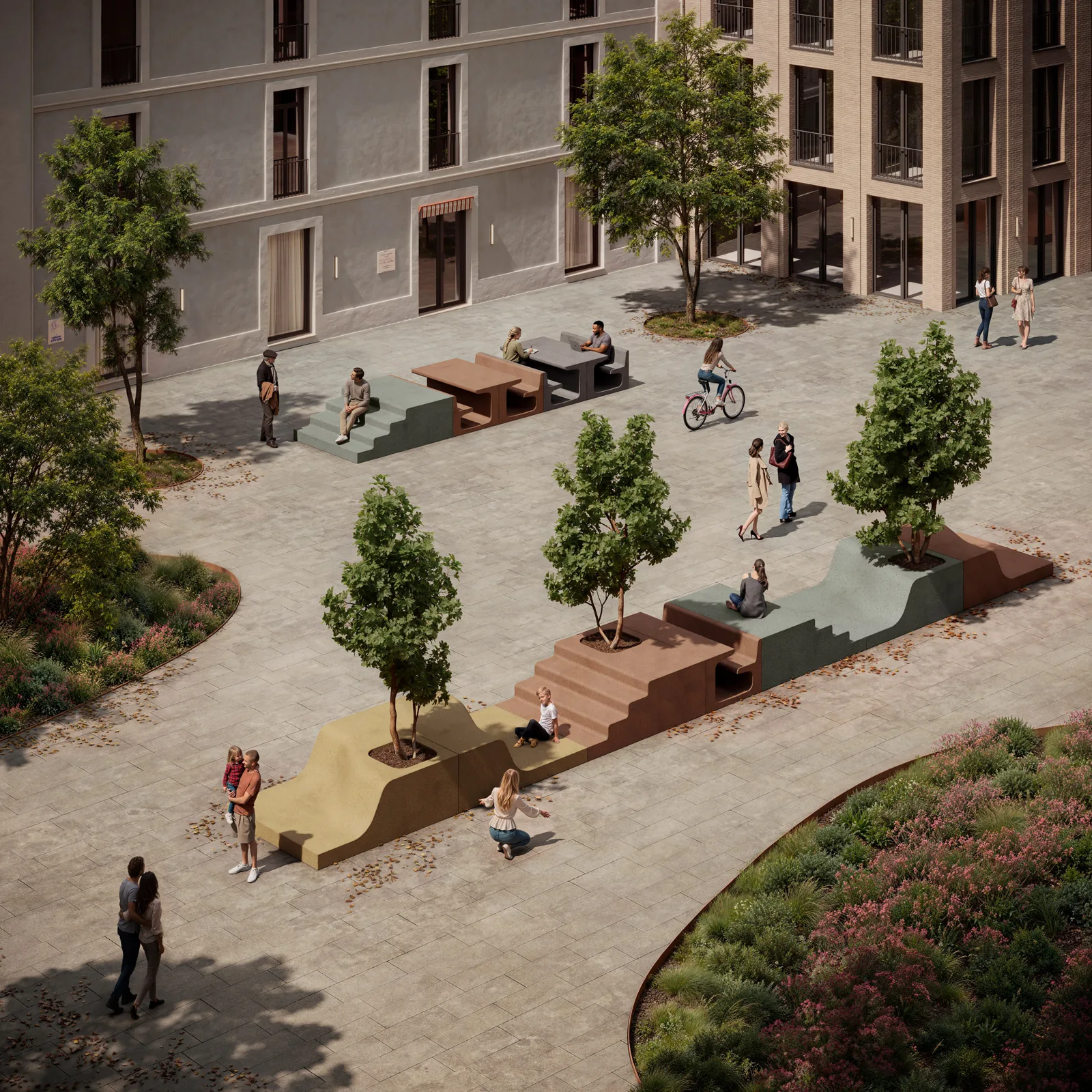 Rendering of a paved courtyard with red, grey and green concrete benches, steps and a table set between young trees