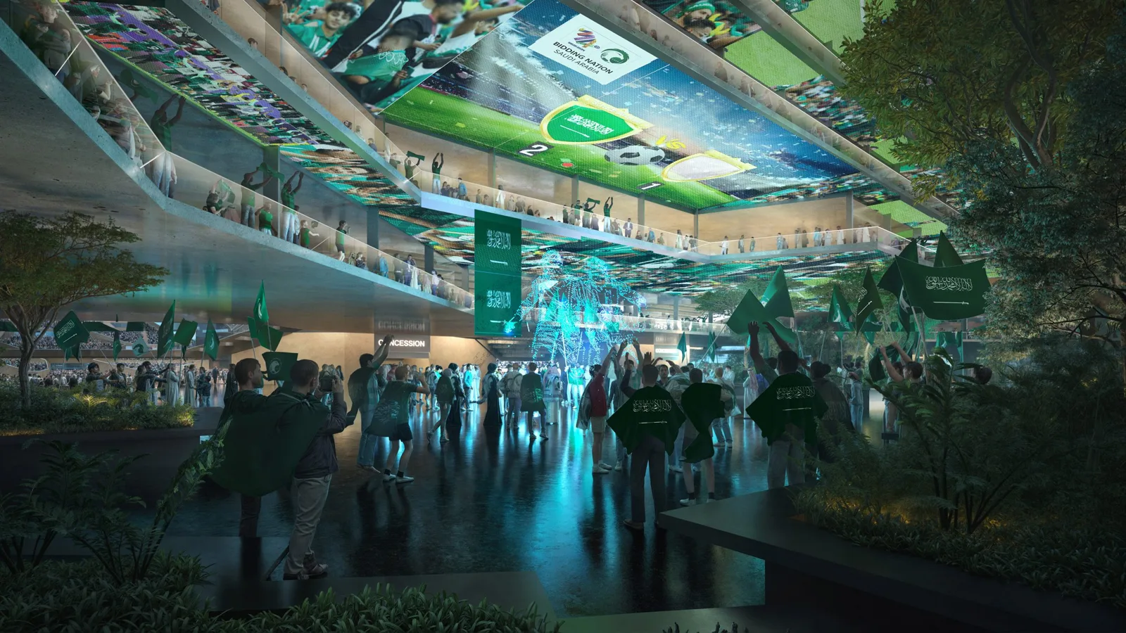 Rendering of a football match seen from the stands, with a green pitch enclosed by tall faceted glass walls lit in blue