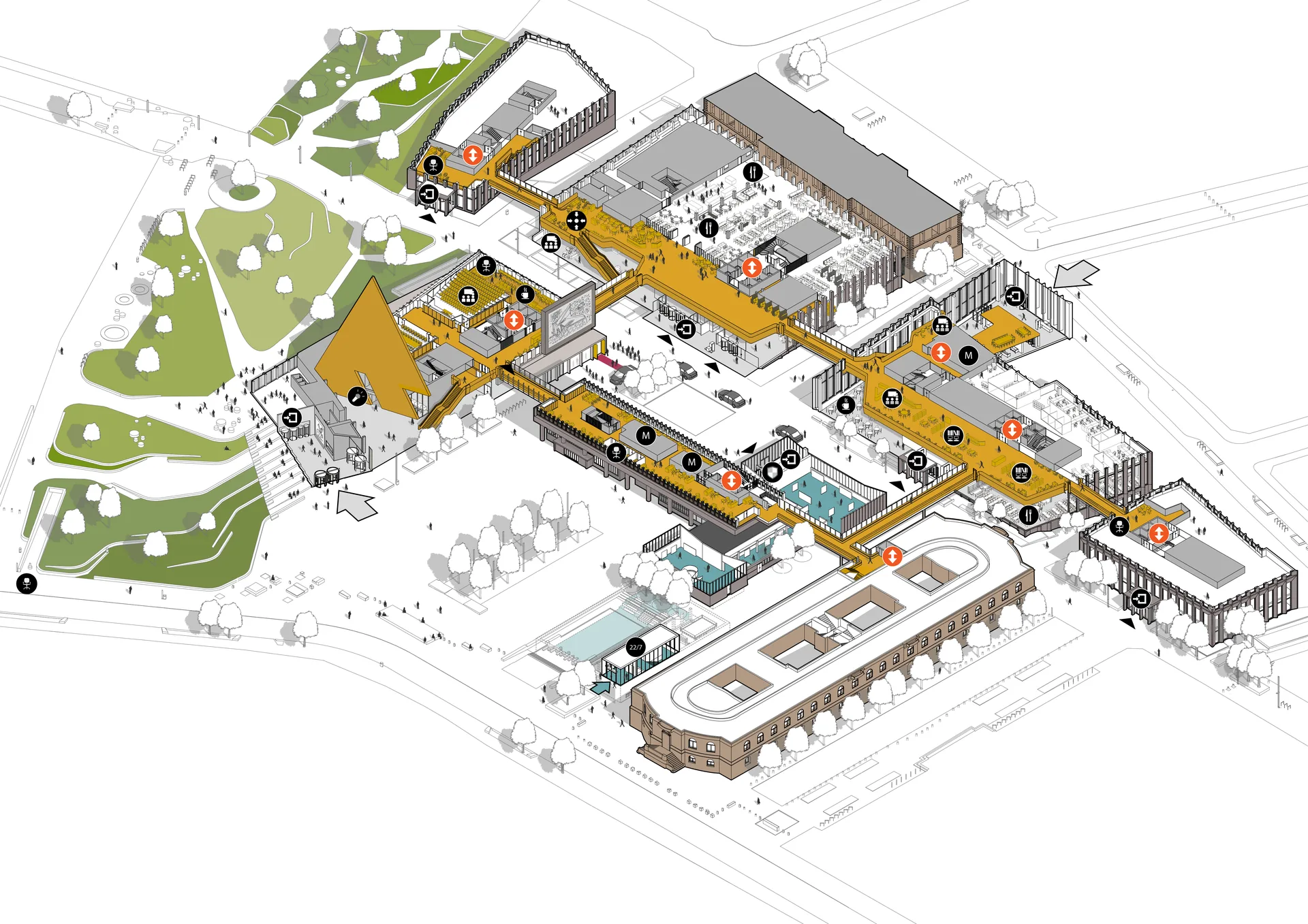 Axonometric drawing of the Collaboration District linking the government blocks, plazas and park, New Government Quarter by Nordic Office of Architecture