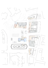 Ground floor plan of the first phase showing the blocks, Høyblokken and the surrounding streets, New Government Quarter by Nordic Office of Architecture