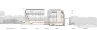 Section through the quarter from the plaza across the A-block, Høyblokken and neighbouring buildings, New Government Quarter by Nordic Office of Architecture