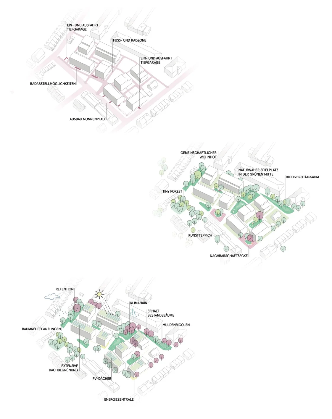 Three small isometric analysis sketches of the site and massing