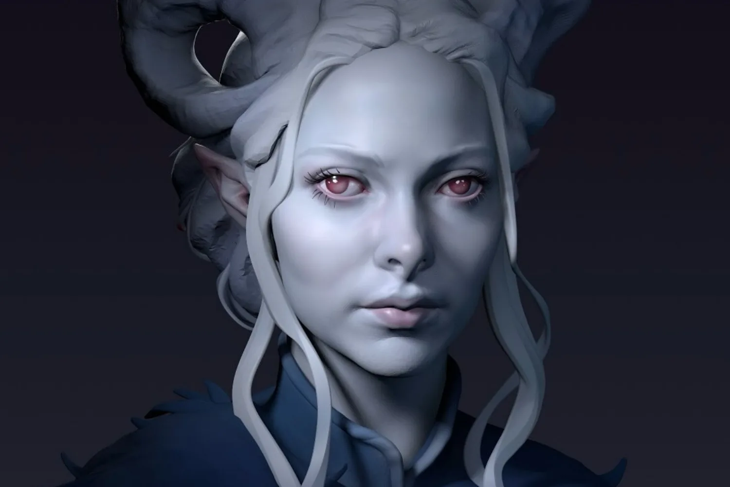 Digital sculpt of a pale horned elf woman with flowing hair, showing organic detail