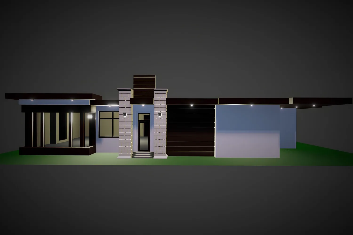 Simple 3D model of a single-storey modern house lit at night with a stone entrance and flat roof