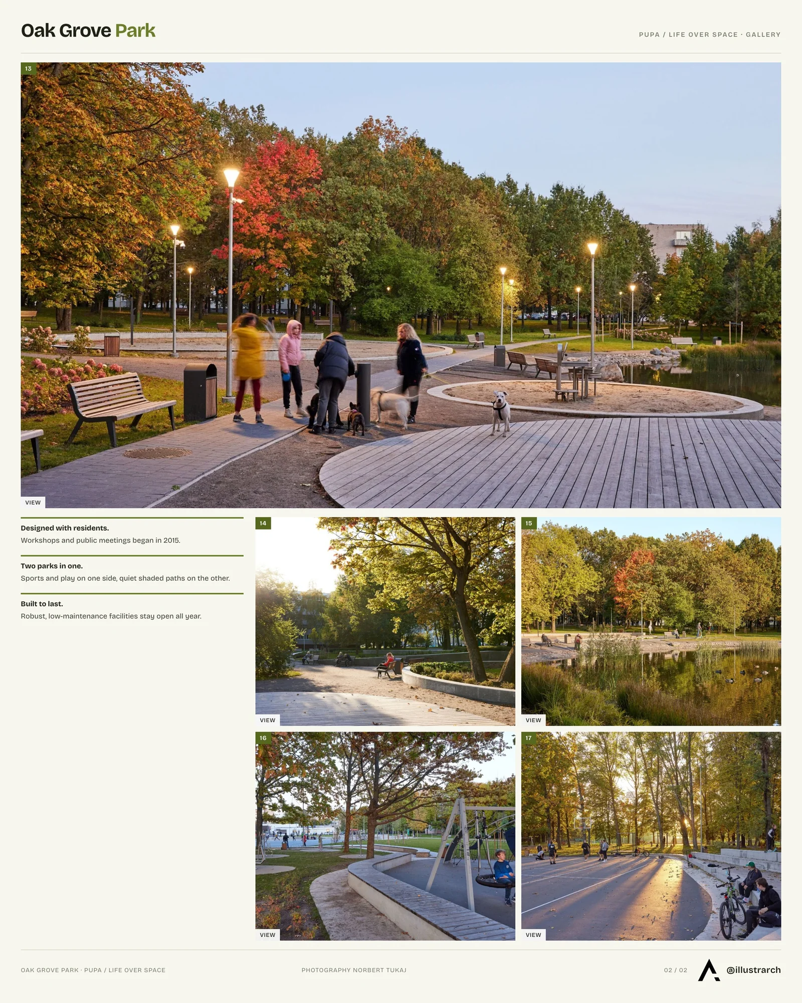 Second presentation board sheet for Oak Grove Park by PUPA / Life Over Space, laying out the project drawings and images on one page