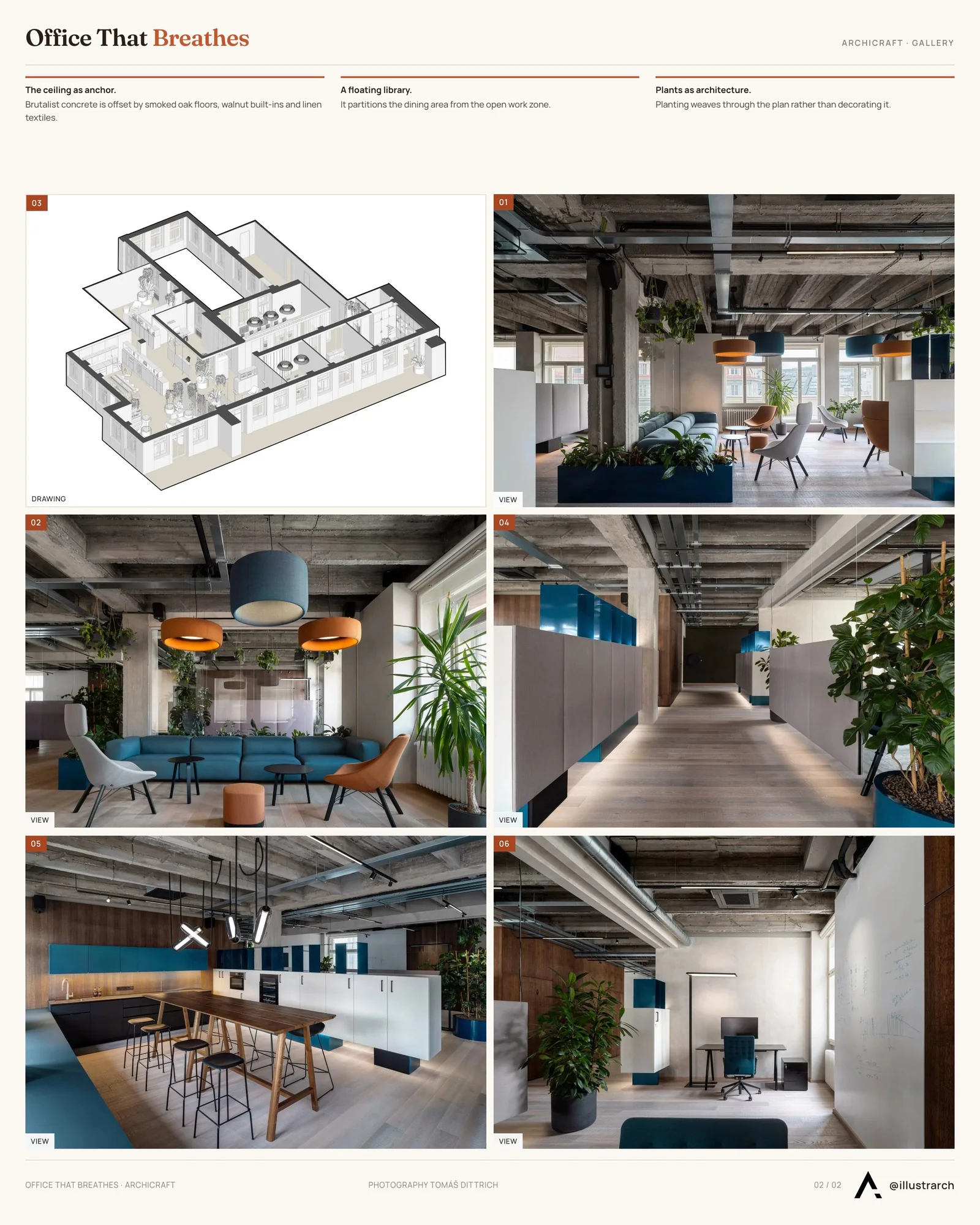 Second presentation board sheet for Office That Breathes by archicraft, laying out the project drawings and images on one page