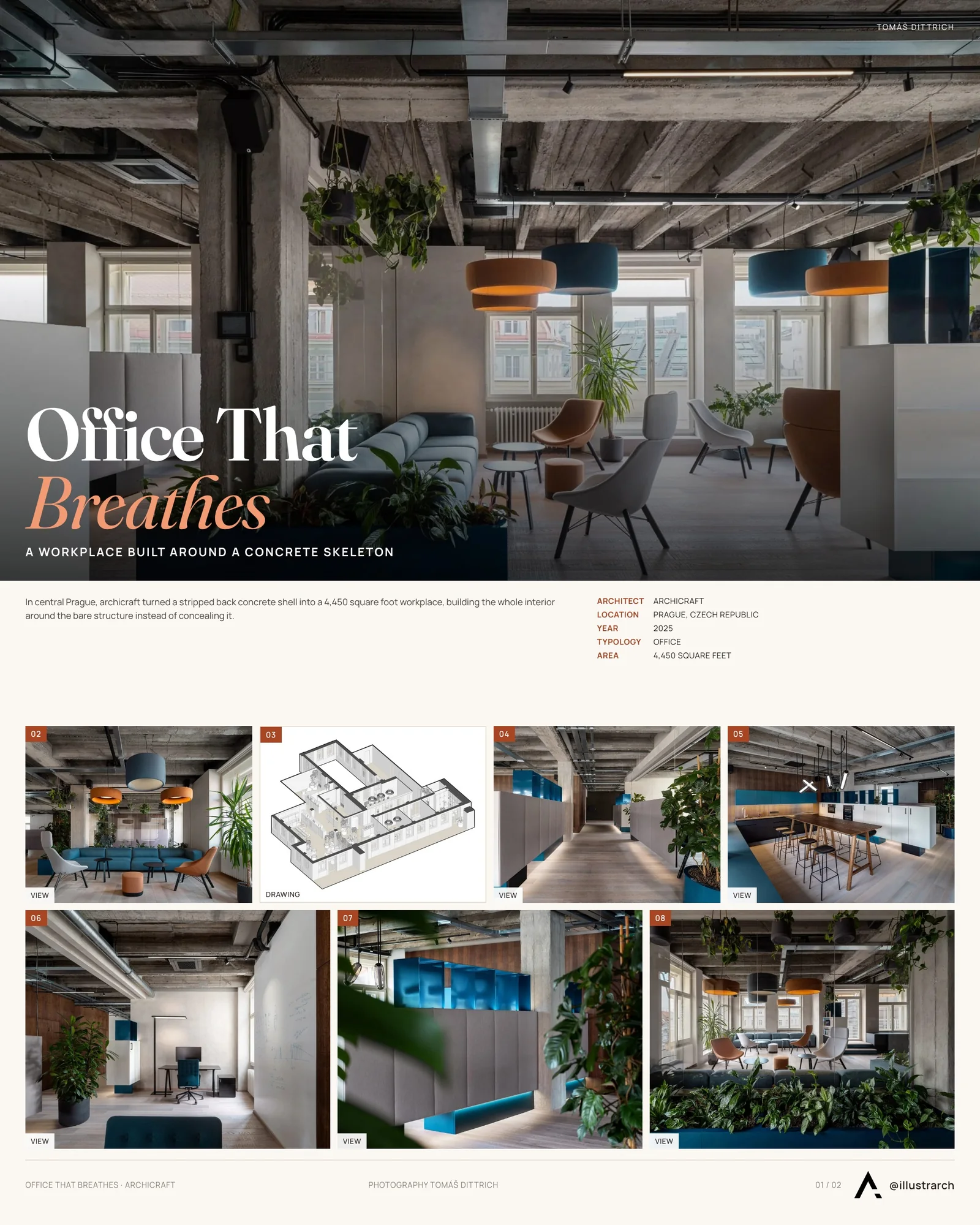 Presentation board cover for Office That Breathes by archicraft, with the lead image, project summary and a grid of photographs and drawings