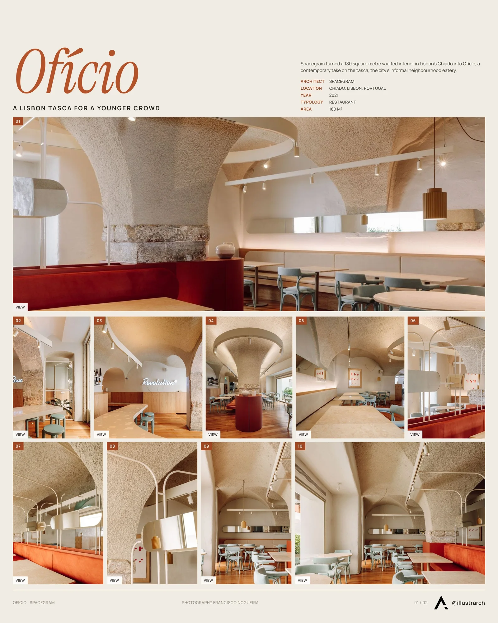 Presentation board cover for Ofício, Tasco Atípico Restaurant by Spacegram, with the lead image, project summary and a grid of photographs and drawings