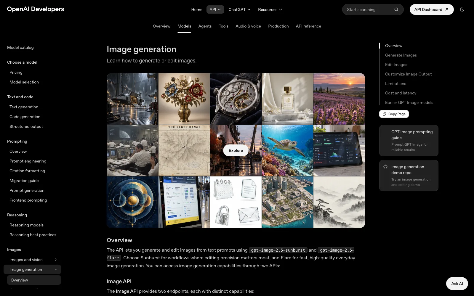 OpenAI Developers image generation guide listing gpt-image-2.5 sunburst and flare models above a grid of sample images