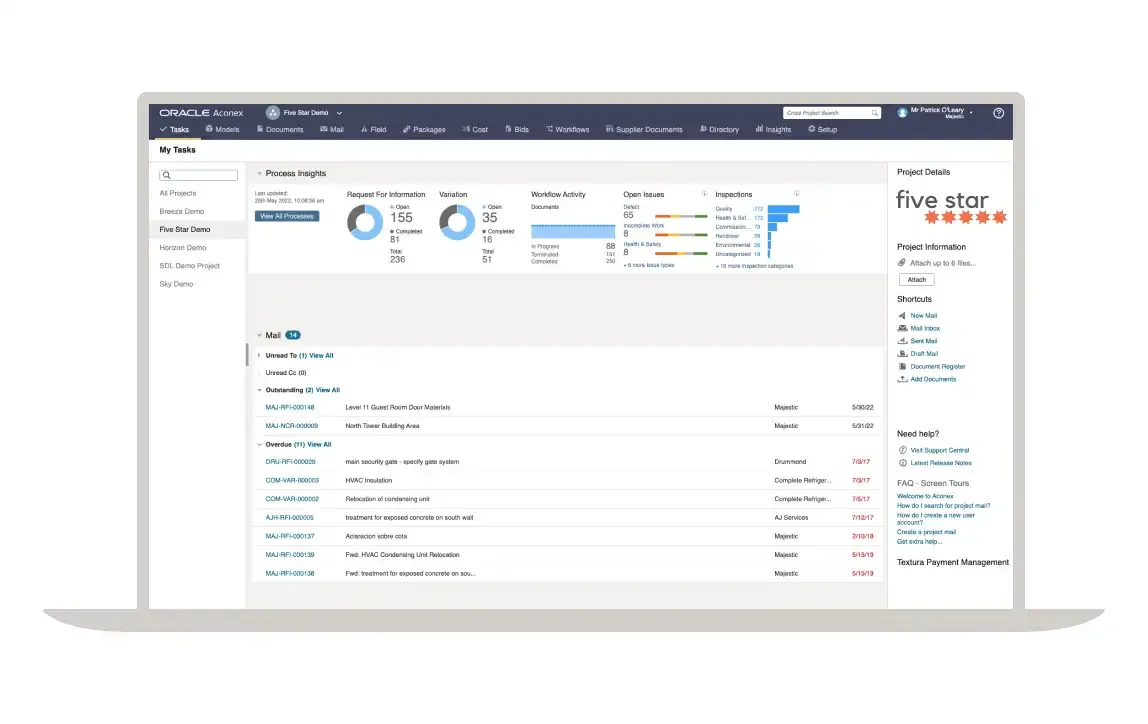 Oracle Aconex My Tasks dashboard with RFI and variation counts, open issues, inspections and overdue mail