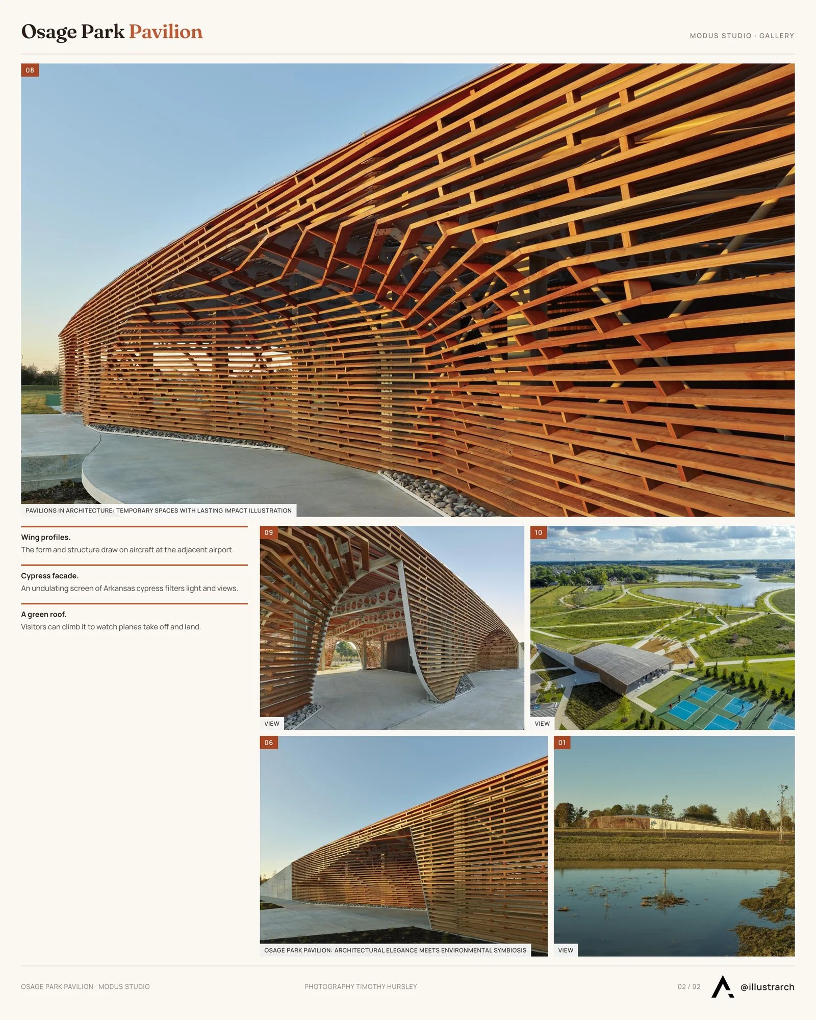 Second presentation board sheet for Osage Park Pavilion by Modus Studio - Bentonville, Arkansas, laying out the project drawings and images on one page