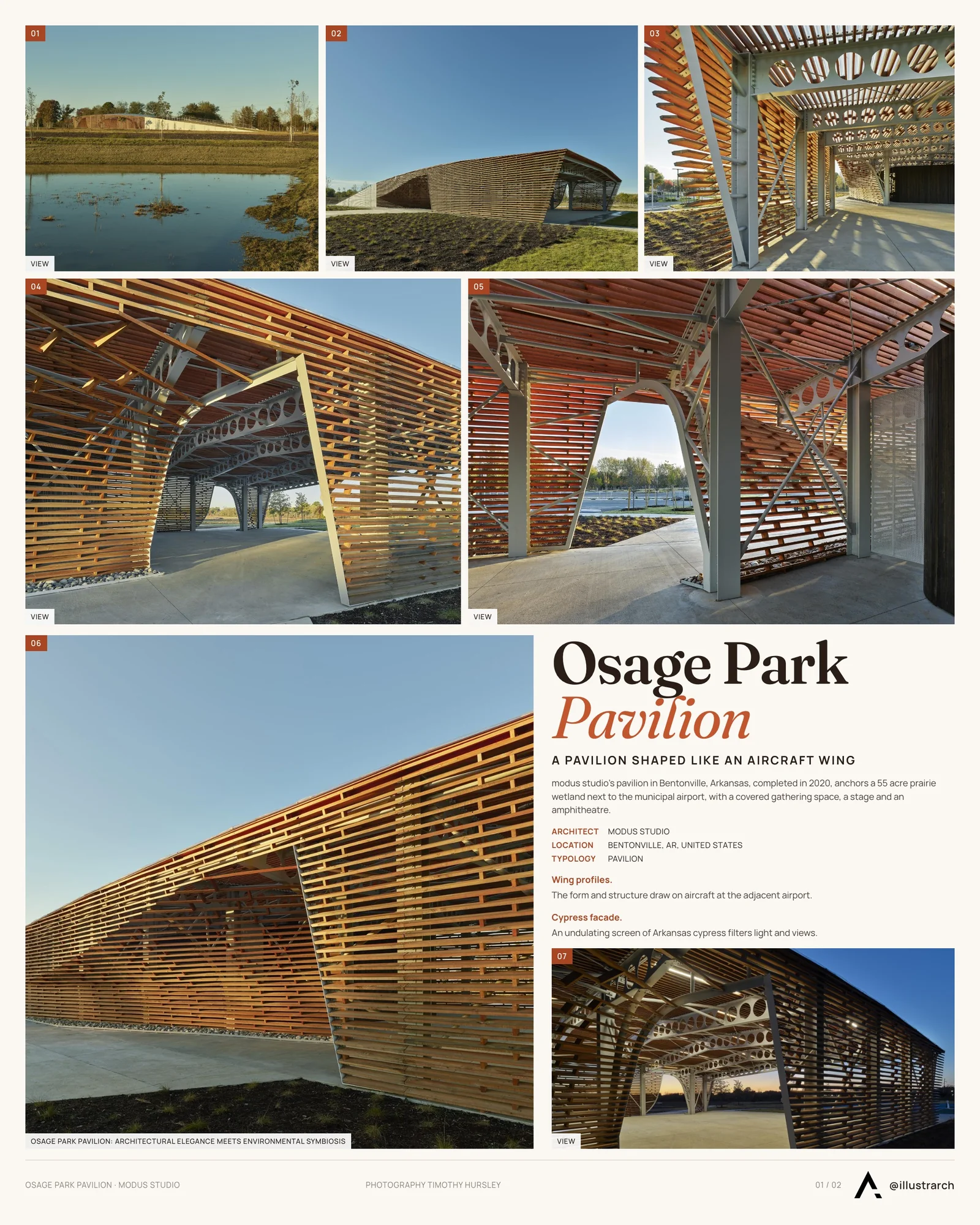 Presentation board cover for Osage Park Pavilion by Modus Studio - Bentonville, Arkansas, with the lead image, project summary and a grid of photographs and drawings