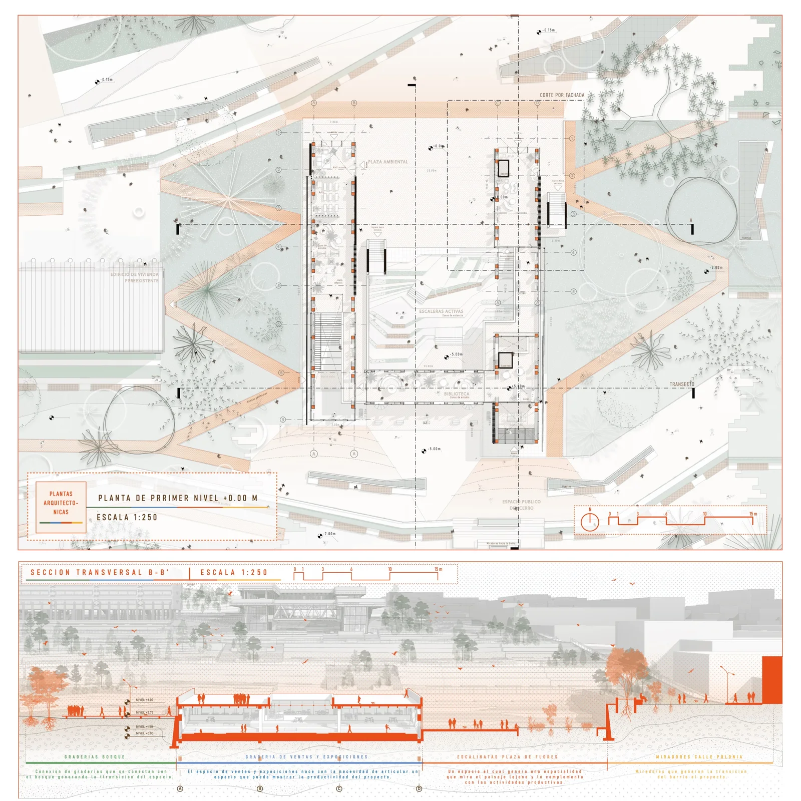Board with a first level floor plan, orange accented diagrams and axonometric details