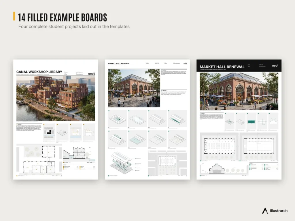 Presentation Board Mega Pack preview: filled examples