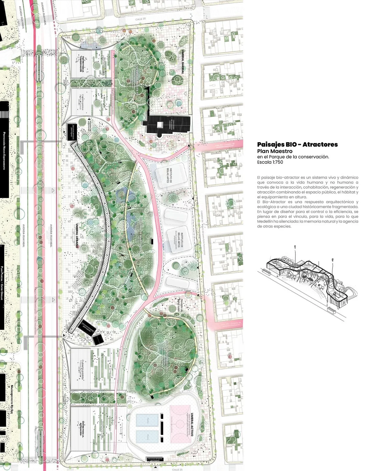 Roof plan with a pink highlighted path through dense buildings and a small axonometric inset, tracing a connective path
