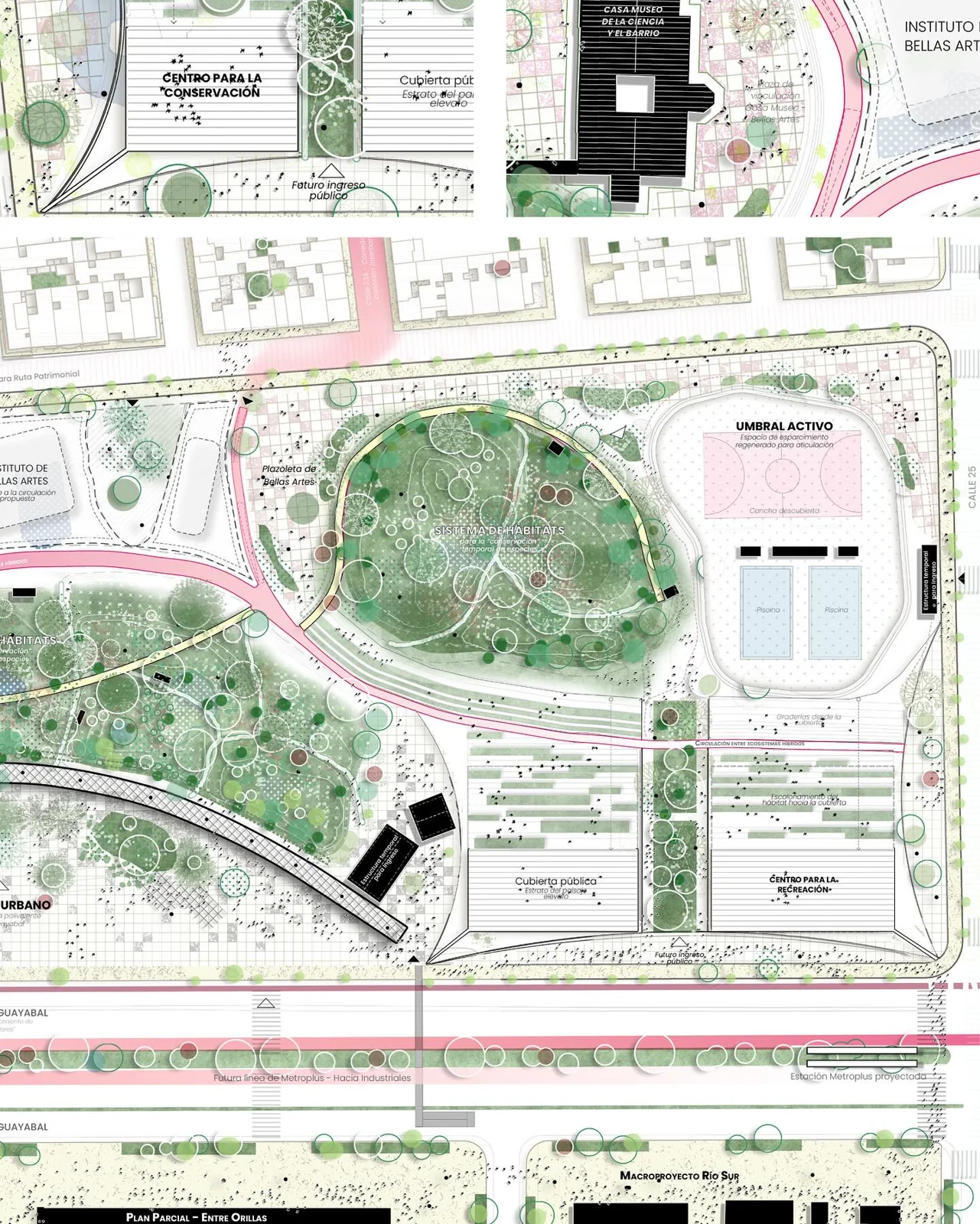 Aerial roof plan at 1 to 750 with a green circular park and a red route through dense blocks