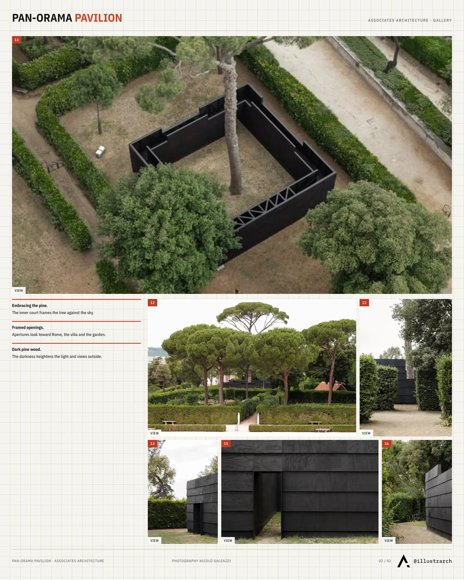 Second presentation board sheet for PAN-ORAMA Pavilion by Associates Architecture, laying out the project drawings and images on one page