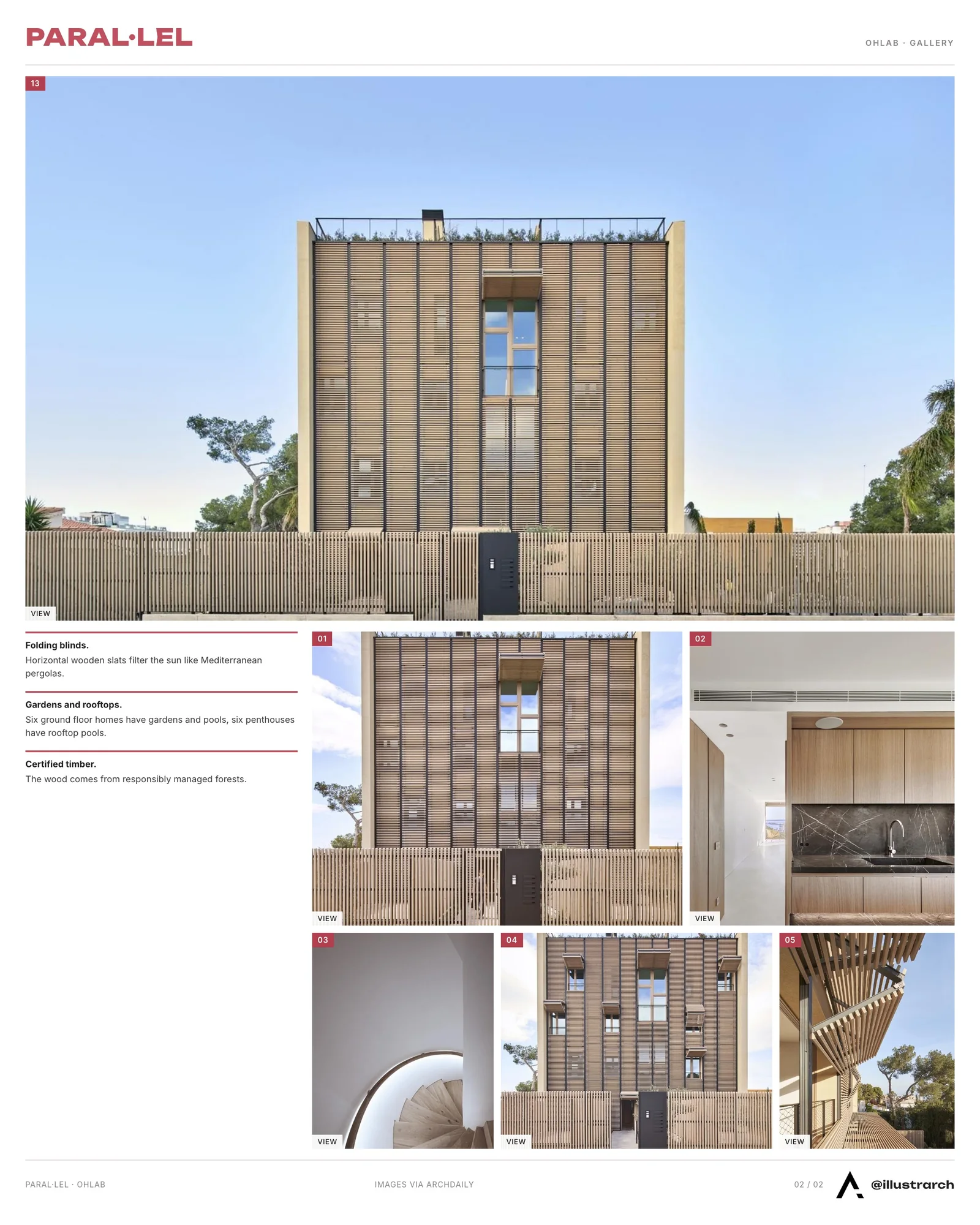 Second presentation board sheet for Paral·lel: Sustainable Living with a Mediterranean Essence, laying out the project drawings and images on one page