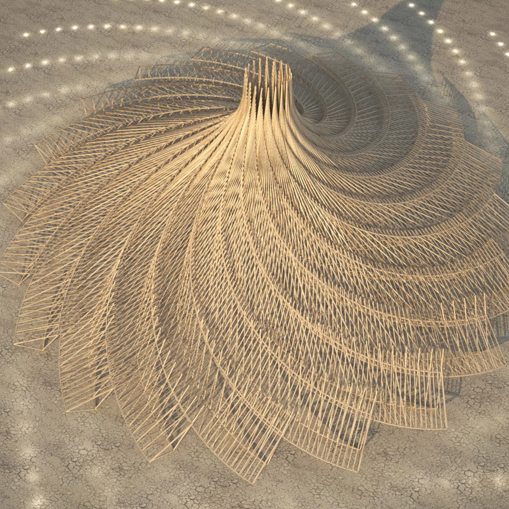Parametric timber pavilion of fanned curving ribs sweeping across a desert floor