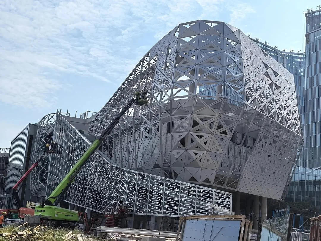 Construction photograph of a parametric triangulated facade being installed with a crane, showing how a panel rule becomes built fabric