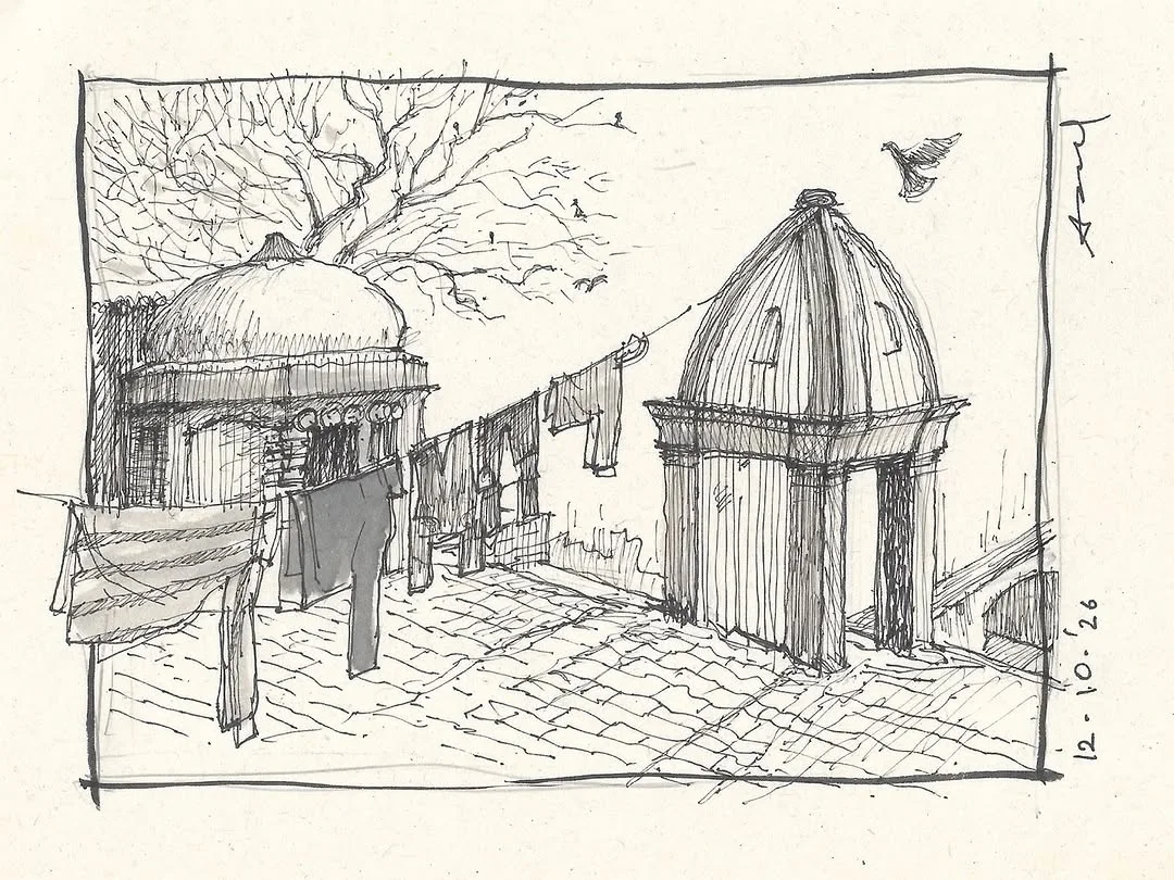 Dated pen and ink daily sketch of domed buildings, laundry lines and a paved lane