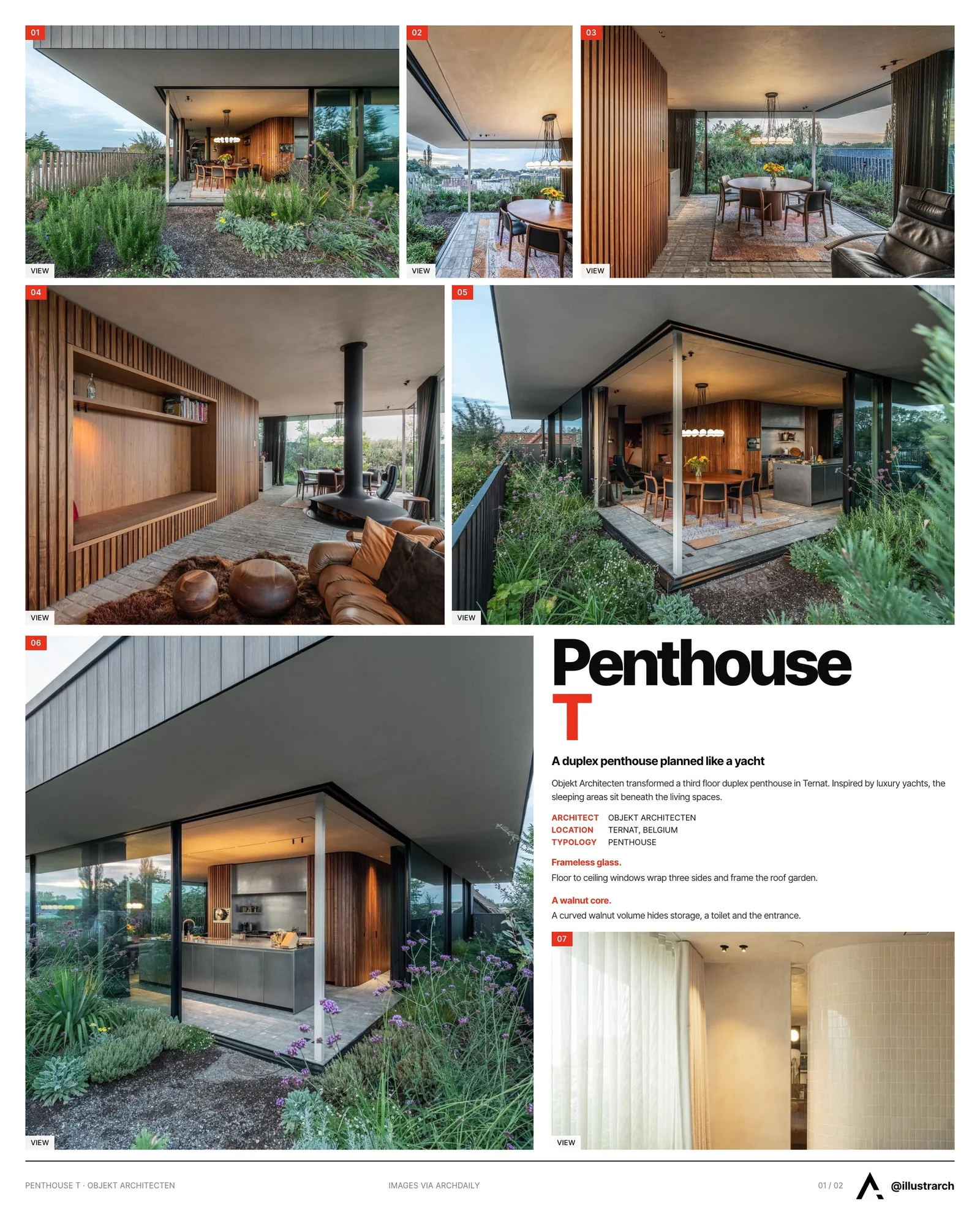 Presentation board cover for Penthouse Elegance: Where Urban Meets Oasis, with the lead image, project summary and a grid of photographs and drawings