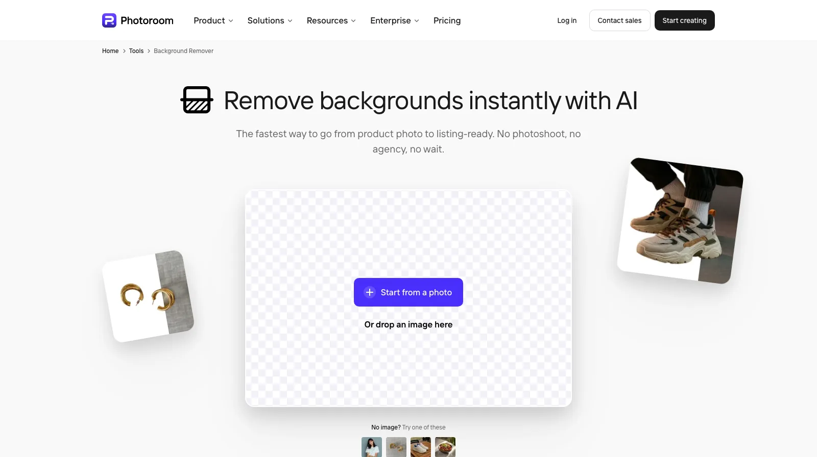 PhotoRoom web Background Remover page with a Start from a photo upload box on a transparent grid