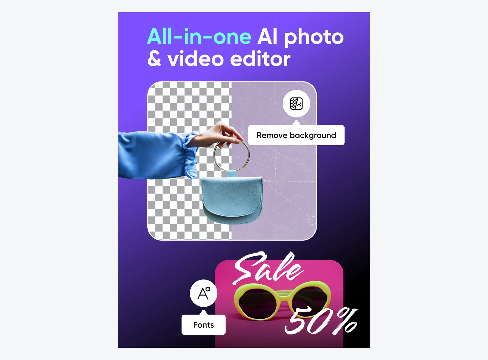 Picsart iPad App Store screenshot: all-in-one AI photo and video editor with Remove background and Fonts tools