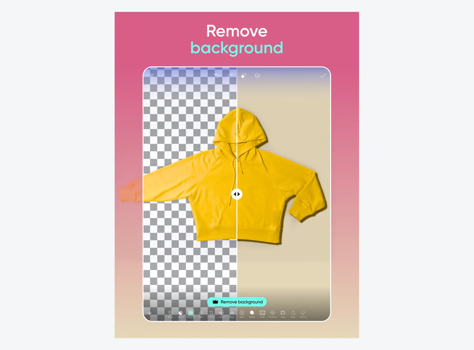 Picsart iPad editor splitting a photo into original and cut-out halves with the Remove background button