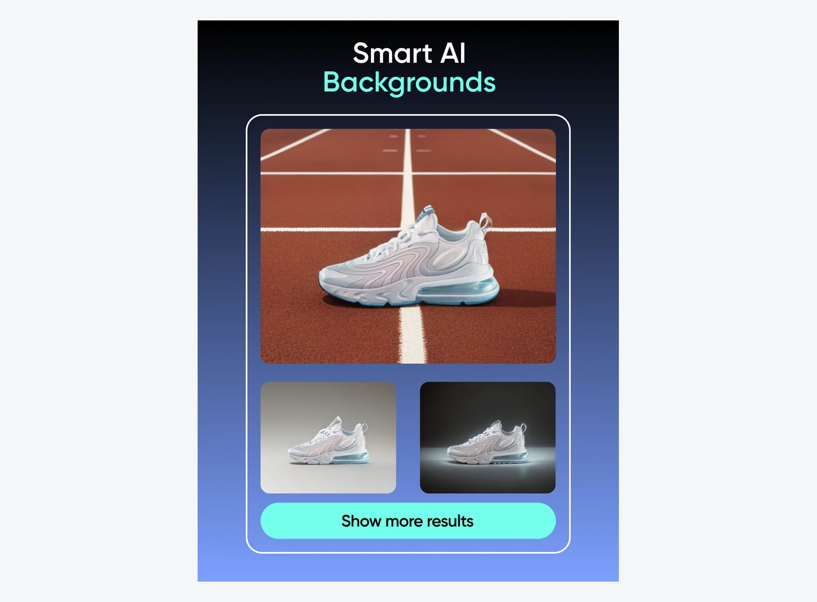 Picsart Smart AI Backgrounds screen on iPad offering several generated backdrops for one product photo
