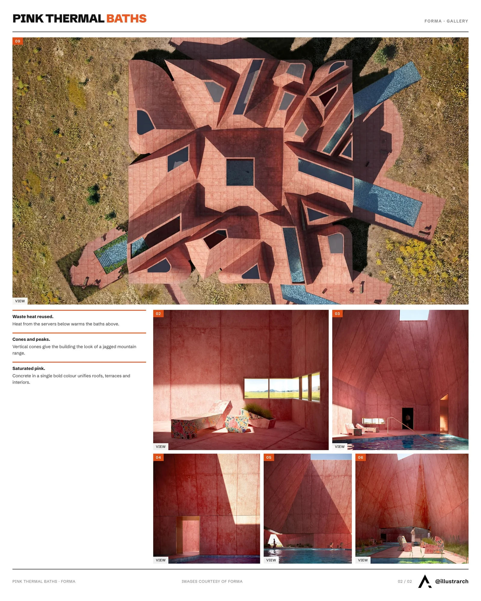Second presentation board sheet for Pink Thermal Baths by FORMA, laying out the project drawings and images on one page