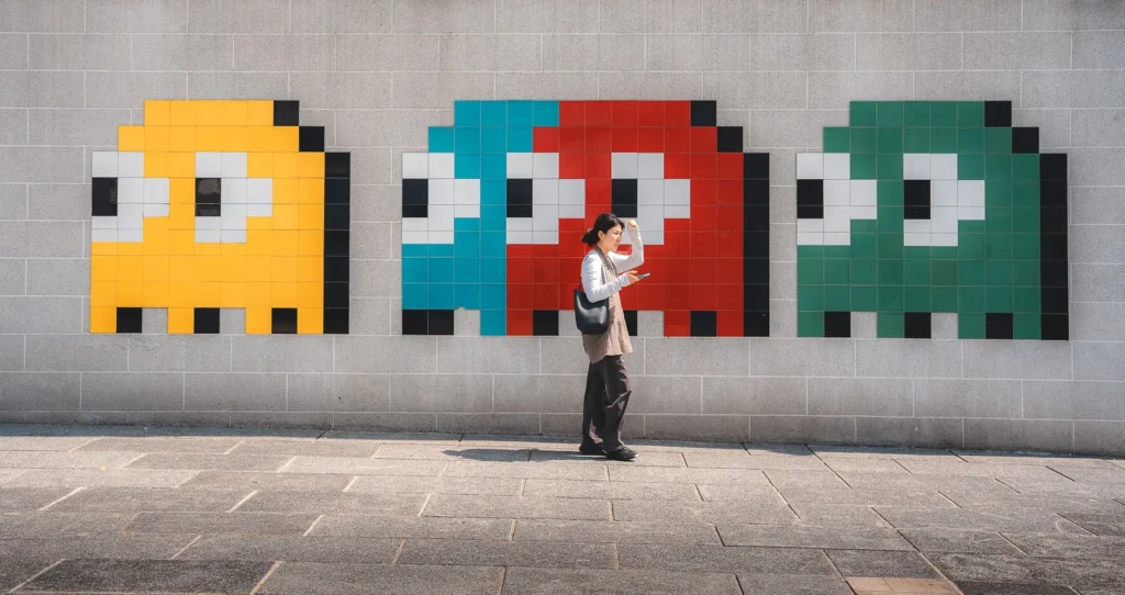 Pedestrian walking past a large wall mural of pixelated arcade ghosts