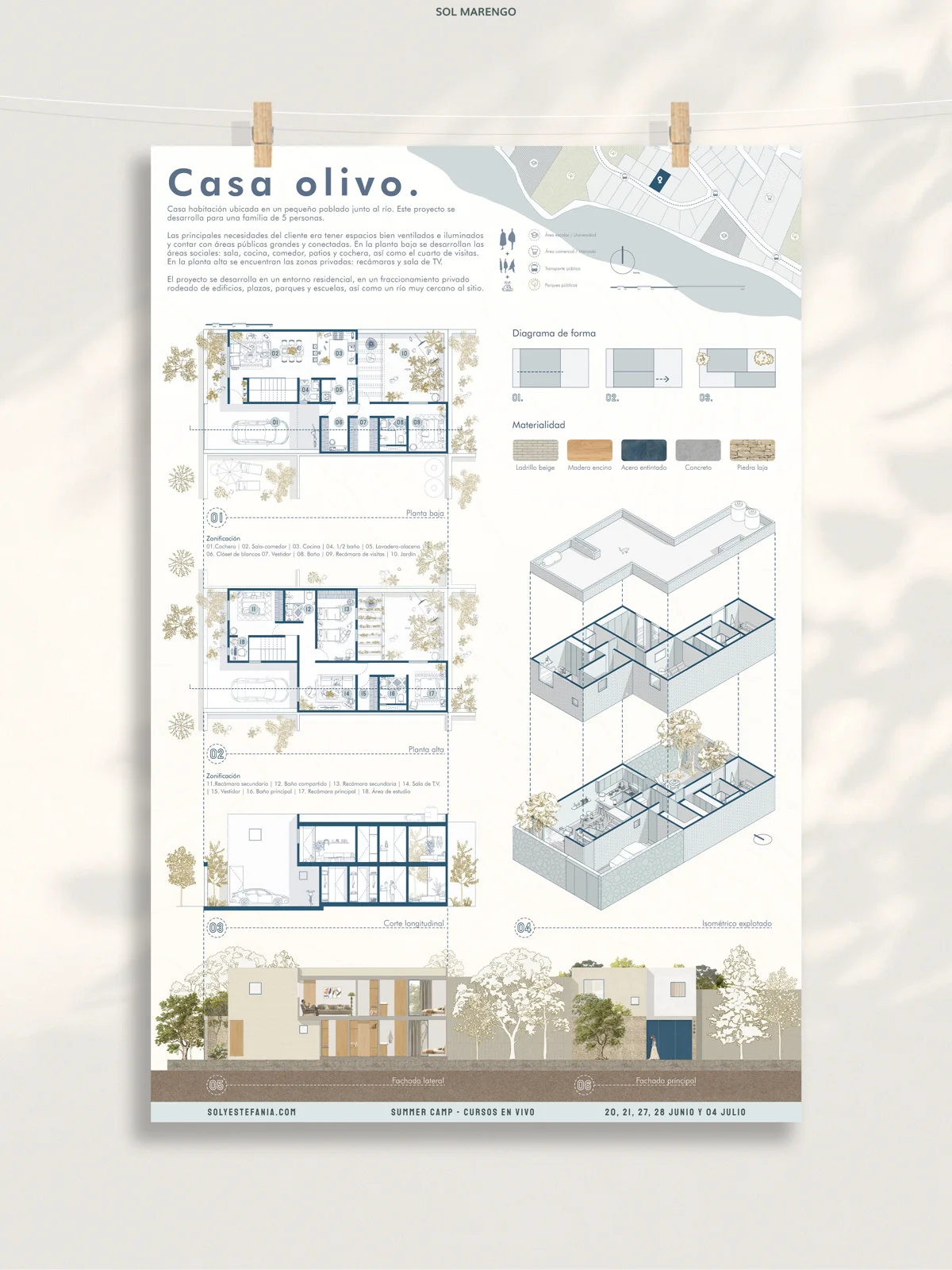 Collage board titled Casa Olivo with exterior renders, floor plans and an axonometric of a house
