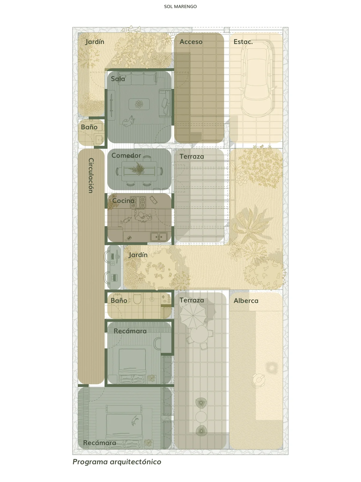 Rendered floor plan showing colored program areas including garden, kitchen and bedrooms