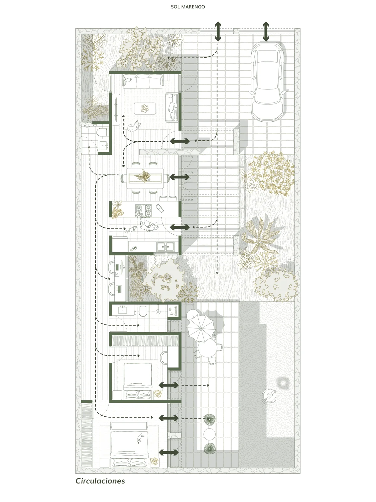 Rendered floor plan highlighting circulation routes in color across a compact house layout, showing a linear circulation spine with arrows