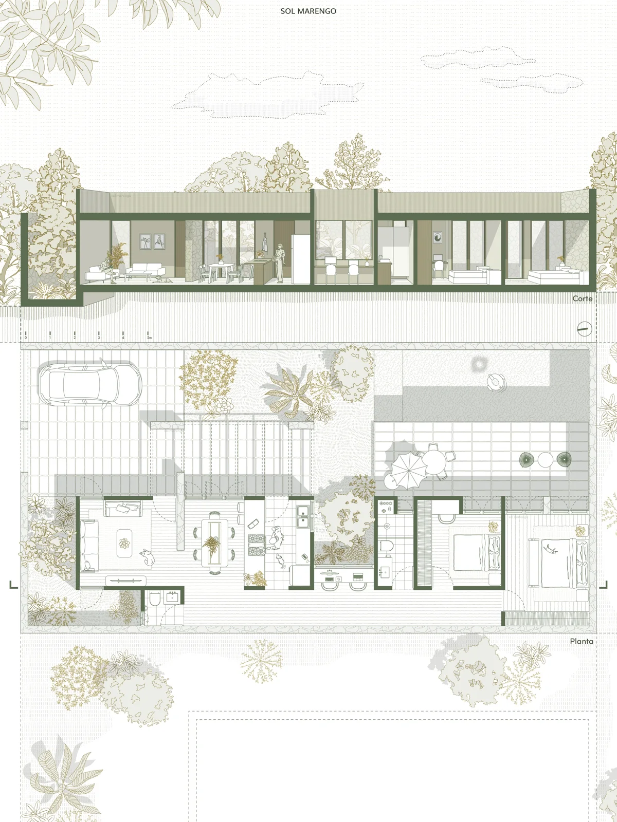 Rendered floor plan above a line elevation sketch of a single story house with garden, drawn to scale with furniture